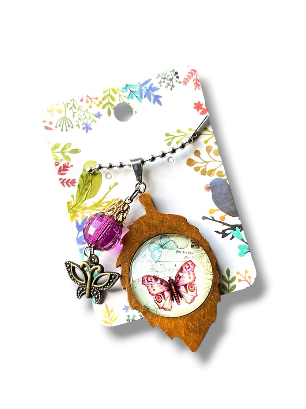 Handcrafted Wooden Leaf Butterfly Necklace Boho Nature Inspired 26” - Picture 5 of 15